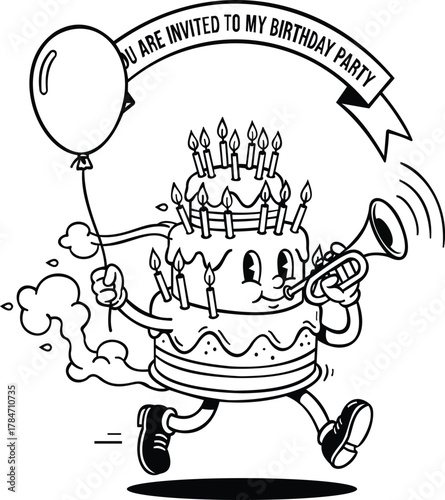 This whimsical illustration features a cheerful birthday cake character, complete with candles and a trumpet, joyfully inviting everyone to a birthday party. The cake is animated, holding a balloon an