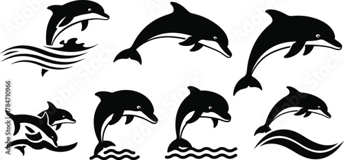 Set of nine dynamic dolphin silhouettes jumping over ocean waves. Vector illustration collection of aquatic mammal icons for logo design and graphic elements