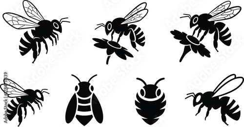 A collection of black bee silhouettes and icons in various poses. Set of flying honeybee, wasp, and bumblebee designs for logos and emblems, style 41.eps