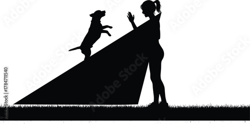 Dog Jumping Ramp Toward Trainer Silhouette, Pet Training, Obedience, Outdoor Activity, Vector Illustration for Stock Use, Black Icon Design