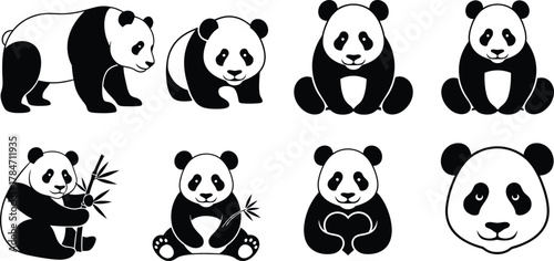 Collection of cute panda bear vector illustrations in different poses. Set of eight black and white animal logos, icons, and mascot graphics