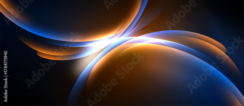 Abstract flowing shapes, vibrant orange, blue hues. Light streaks create dynamic energy, dark background emphasizes luminosity.