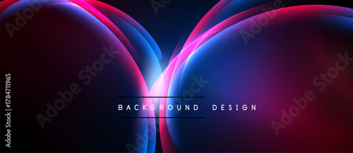 Abstract design features flowing curves, vibrant colors. Blue, purple, pink hues blend into dark background. Modern aesthetic.
