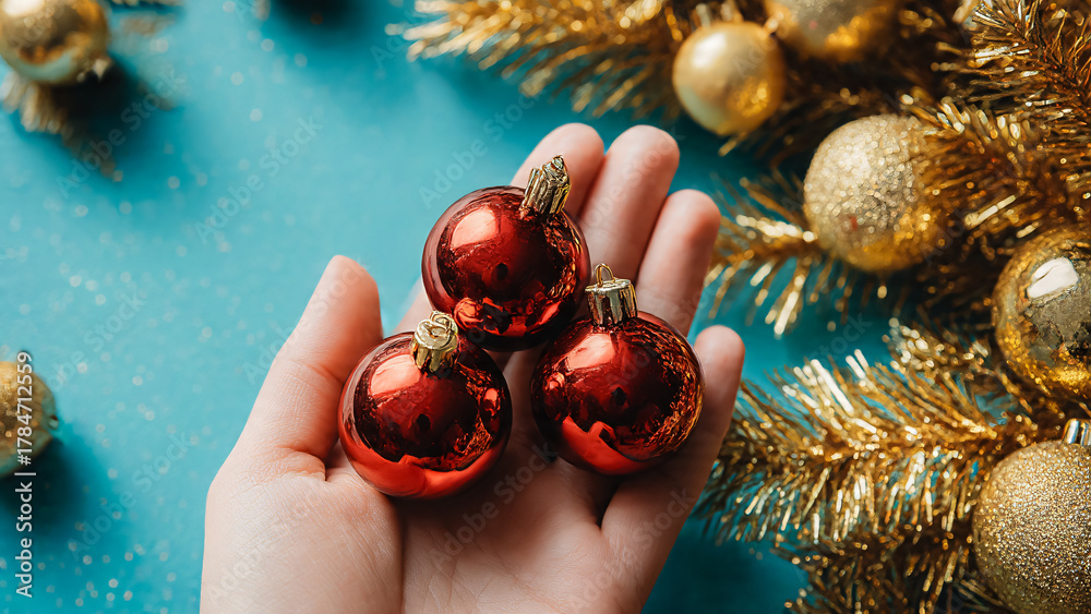 Obraz premium Main de femme tenant des boules de noël