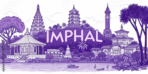 Imphal Skyline Sketch for Tourism, Featuring Kangla Fort, Ima Market, and Manipur State Museum