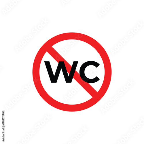 Free Download Minimalist vector illustration of a “No WC” or “No Toilet” sign with bold red prohibition circle and black text on a white background. Perfect for signage, facilities, and public area designs. - GFXLoad