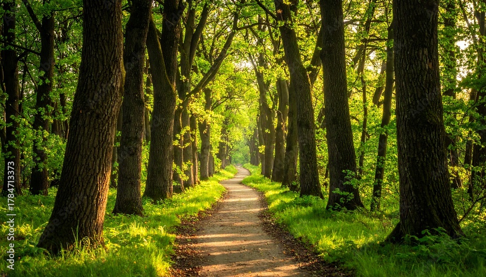 Fototapeta premium A sun-dappled path winds through a towering avenue of trees. Lush greenery and dappled sunlight create a serene forest scene