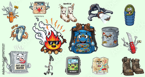 Camping Gear Mascot Set – Expressive Cartoon Hiking Equipment Characters for Outdoor & Adventure Themes