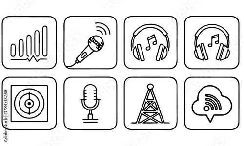 Collection of hand drawn icons representing audio and broadcast media