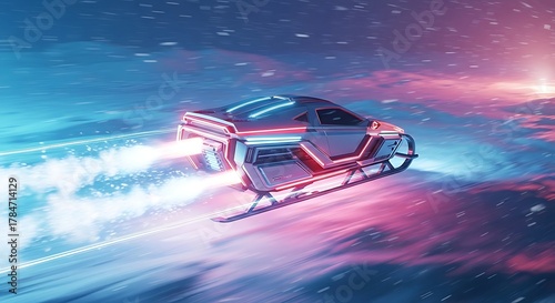 A futuristic neon-lit snow speeder races across a vibrant, icy alien landscape at high speed, leaving bright exhaust trails.