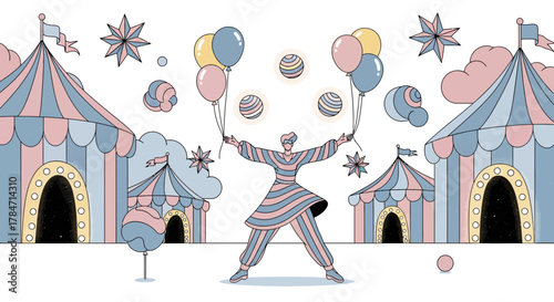 Whimsical Circus Scene with Juggler Balloons and Pastel Tents Creating Nostalgic Magic