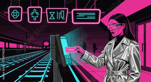 Woman at Train Station Ticket Machine with Neon Signage in Retro Style Futuristic setting