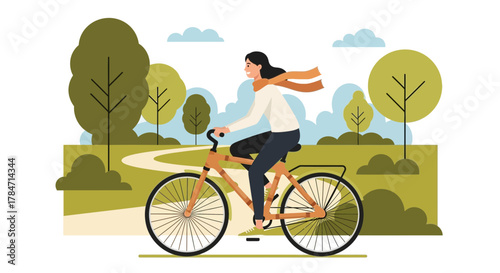 Woman enjoying a bike ride in a park, symbolizing freedom and outdoor activities, ideal for health