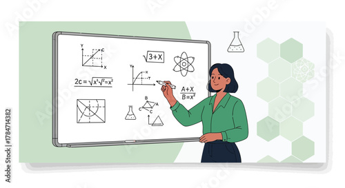 Woman teaching mathematics on whiteboard with scientific formula and graphs concept