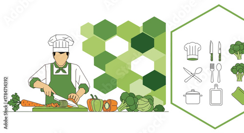 A culinary illustration showcasing a chef preparing vegetables with kitchenware icons and green