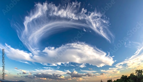 Swirling, wispy clouds form an arc in a vast, blue sky with golden light skimming the horizon