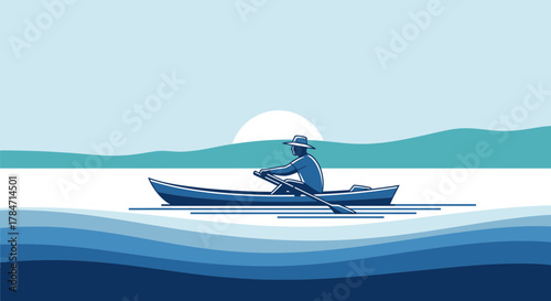 A serene journey vector art illustration, depicting a man rowing on calm water with a backdrop of