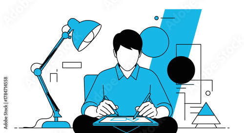 Digital artist working on a tablet at desk with lamp in a modern design style