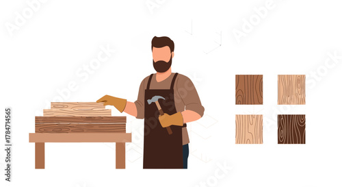 Craftsman working with wood showing different samples with hammer in workshop