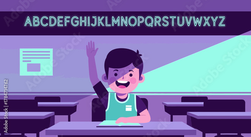 Enthusiastic cartoon student raising hand in classroom with alphabet backdrop