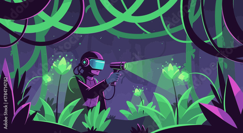 Futuristic jungle exploration with a spotlight and augmented reality visor illustration