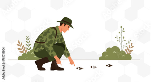 Illustration of a tracker in camouflage following animal tracks in the wild area