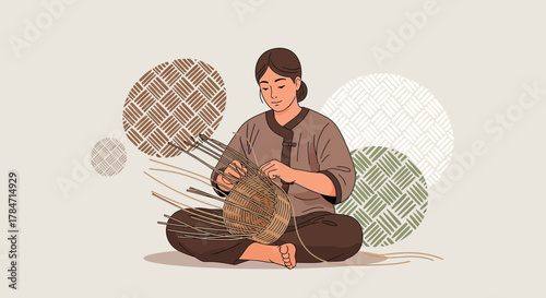 Illustration of a woman weaving a basket with traditional patterns in the background illustrating