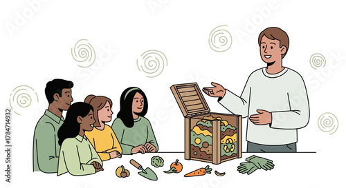 Illustration of an educational session about composting to a group of students