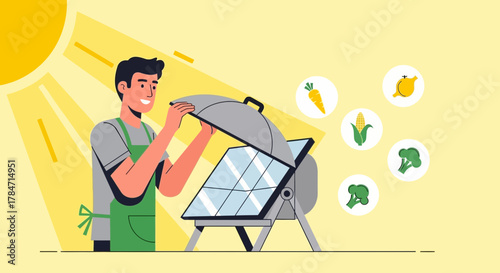 Illustrative depiction of sustainable cooking with solar energy using a solar panel cooker for