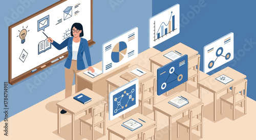 Isometric classroom scene showcasing a teacher using data analytics during learning