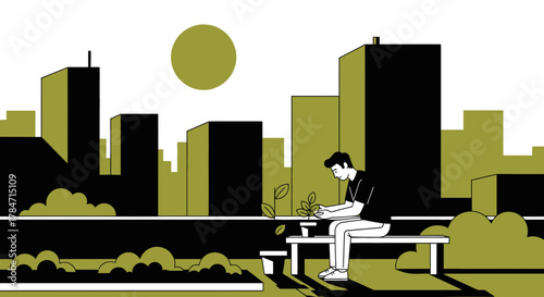 Person tending to plant in urban garden on bench with city skyline backdrop illustration