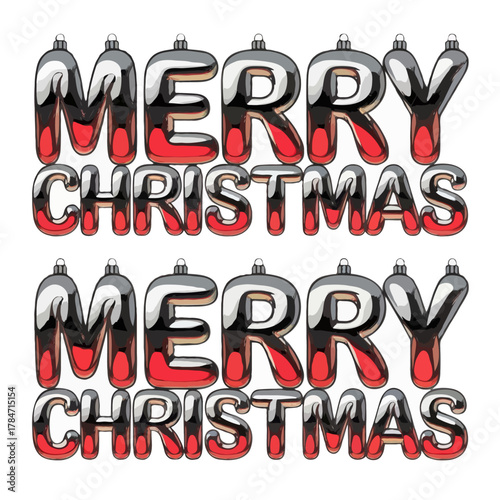 Shiny chrome and red inflatable balloon letters spelling out merry christmas twice presented as an isolated object on white background isolated on white background