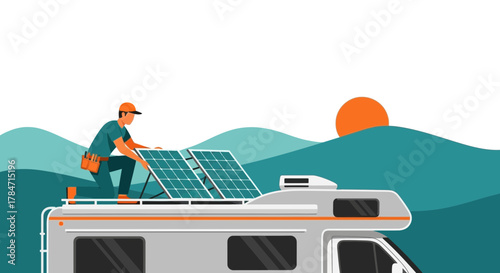 Renewable energy: Technician installing solar panels on the top of a recreational vehicle
