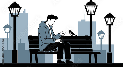 Serene city park scene: A man, a bird, and the urban landscape creating a moment