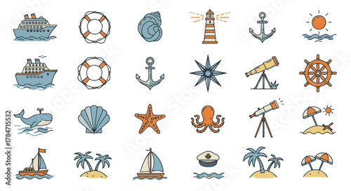 nautical icons cruise ships islands and sea life represent summer vacation suitable for travel blogs promotional material and ocean-themed designs.