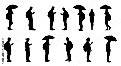 people using phones silhouettes of pedestrians texting and holding umbrellas during a rainy day illustrating modern urban life and connection.