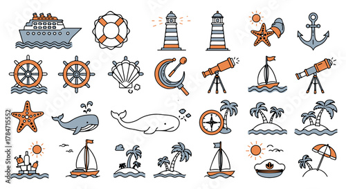 nautical themed illustrations cruise ship sailing summer vacation icons for travel blog posts seaside adventures and ocean-themed marketing campaigns.