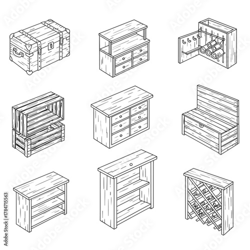 rustic furniture collection a set of antique chests cabinets and shelves to decorate any room with vintage storage units adding charm and functionality