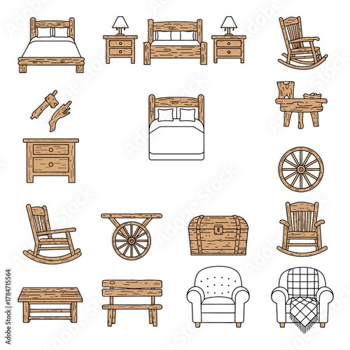 rustic furniture illustration showcasing log beds rocking chairs and wood chests ideal for interior design blogs or historical recreation projects.