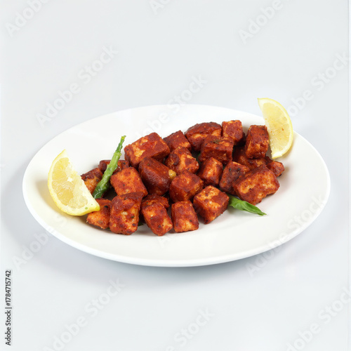 Spicy Pan Fried Paneer Cubes Served With Lemon Wedges And Green Chilies - Paneer 65