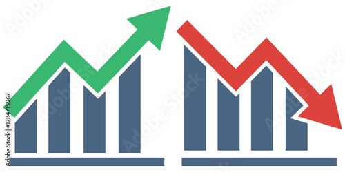 Financial market growth and decline arrow icons. showing financial charts with rising and falling arrows, representing stock market trends, growth, and economic decline.EPS10/AI.