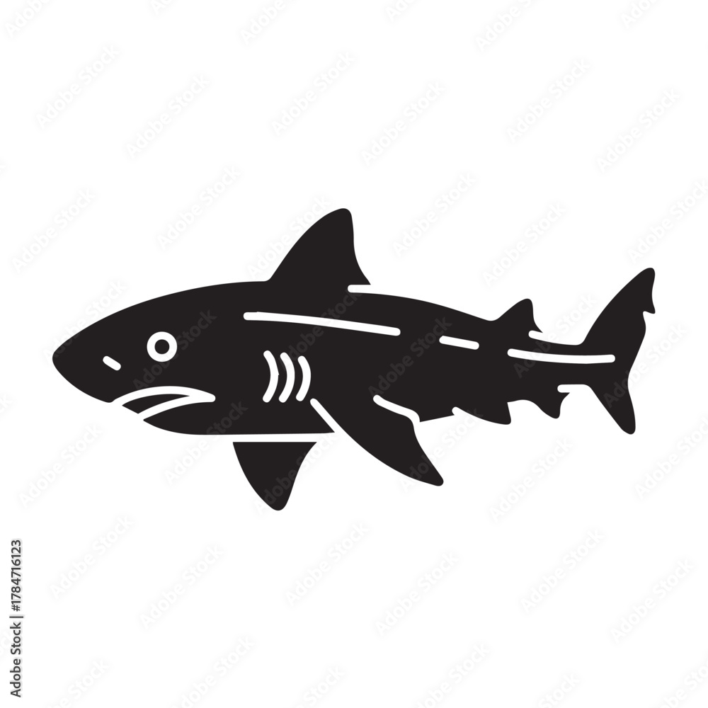 Naklejka premium Black silhouette of a shark isolated on white background, side view