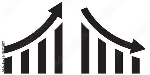 Financial market growth and decline arrow icons. showing financial charts with rising and falling arrows, representing stock market trends, growth, and economic decline.EPS10/AI.