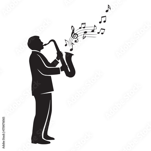 Silhouette of a saxophone player with music notes