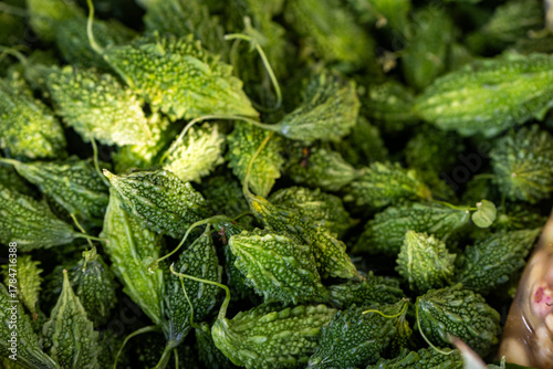 Background image of a bitter herb called Bitter Gourd, a food that helps treat diabetes and high blood pressure.
