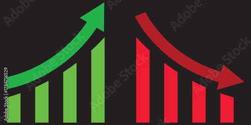 Financial market growth and decline arrow icons. showing financial charts with rising and falling arrows, representing stock market trends, growth, and economic decline.EPS10/AI.