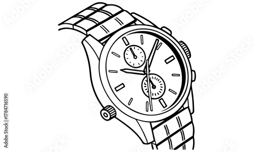Detailed line drawing of a classic chronograph wristwatch