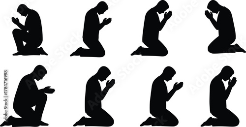 Set of Kneeling Prayer Silhouettes in Side Profile, Spiritual Devotion Poses, Black Figures on White Background, Meditation and Worship Concept