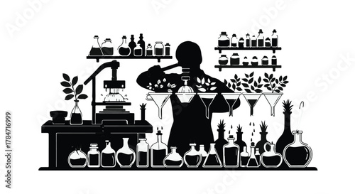 Alchemist meticulously crafting potions amidst a laboratory filled with bubbling flasks and ancient equipment.