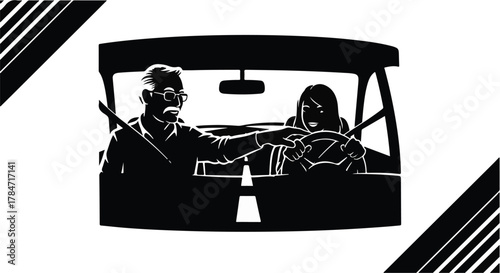 Experienced driver guides younger passenger on road trip adventure